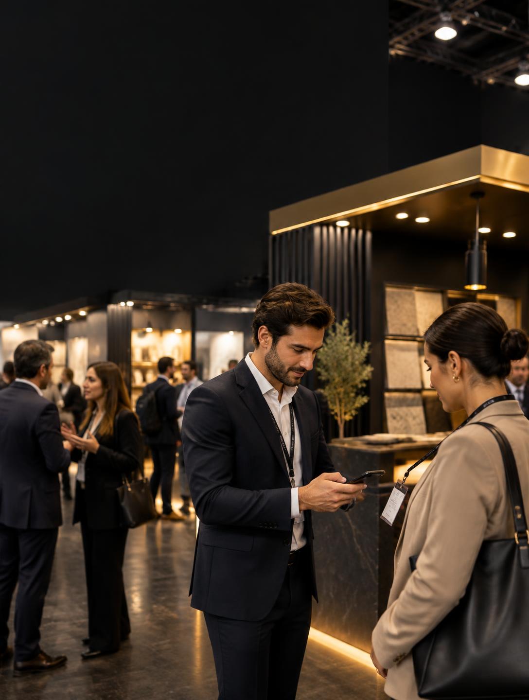 Incontro B2B con badge e telefono in mano
